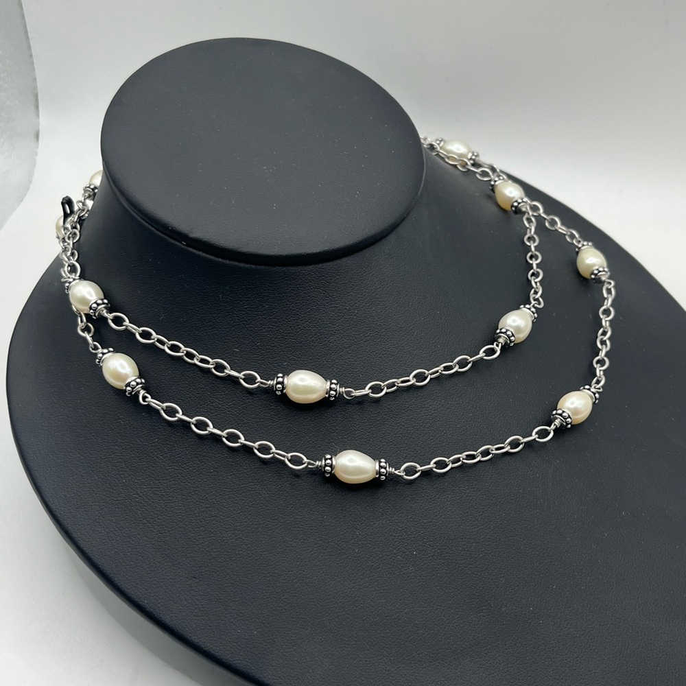 Sterling station necklace with freshwater pearl accents. 36” long - Picture 3 of 5